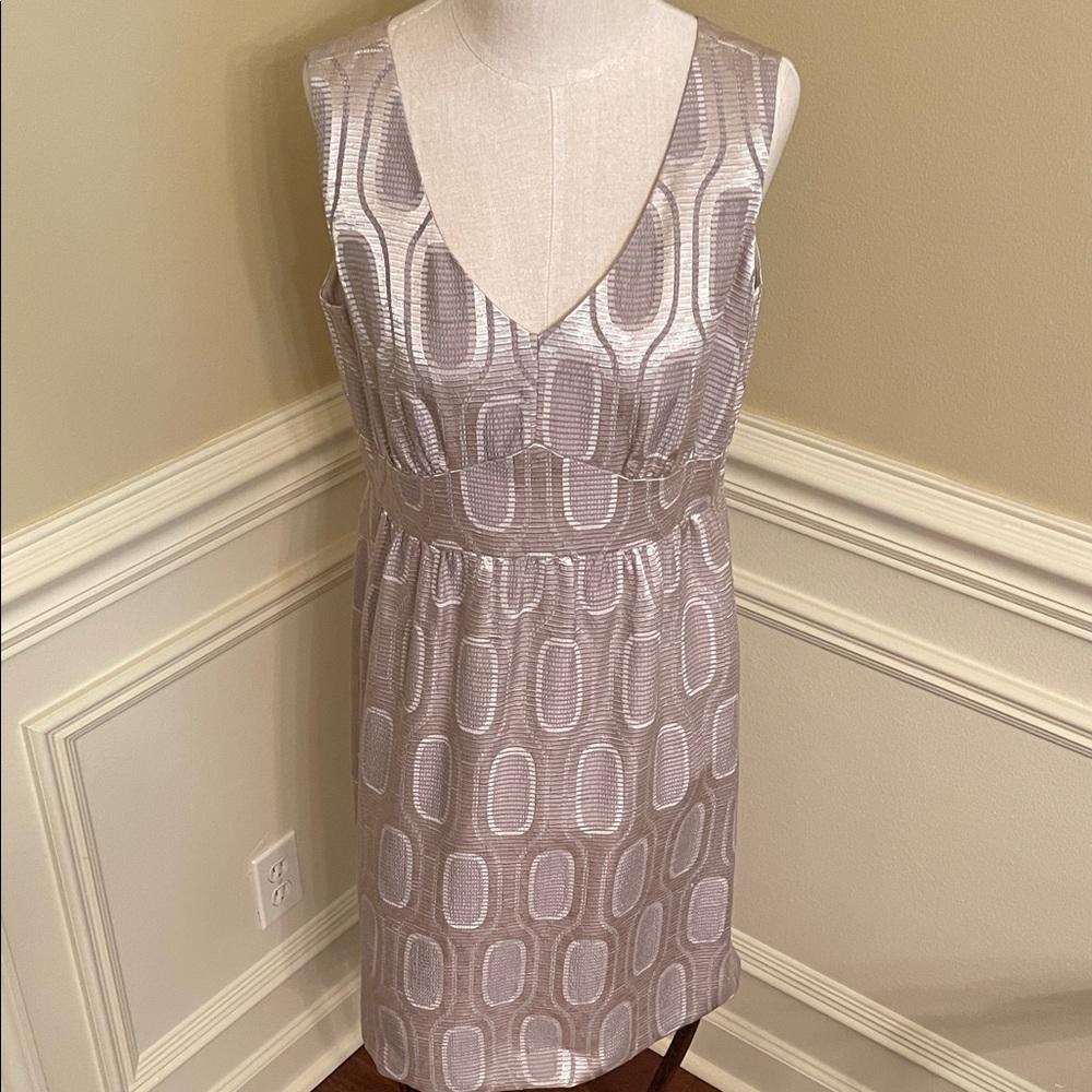 ANTONIO MELANI Patterned Gold & Silver V-Neck, Empire Waist, Midi Dress